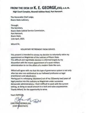 Rivers Judge Retires Voluntarily, Cites Emergency Rule.