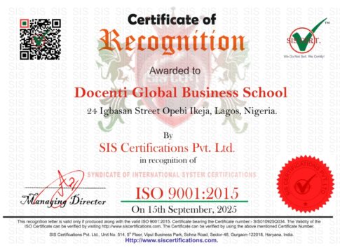 DOCENTI CERTIFICATE Docenti Global Business School Achieves ISO 9001:2015 Certification for Academic Supervisory System and Quality Management of Academic Programs